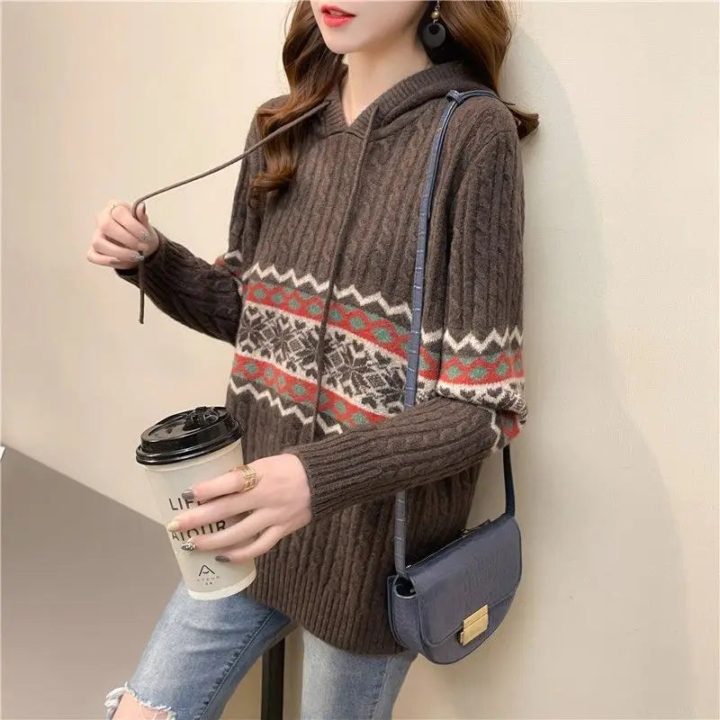 Women S Vintage Brown Knitting Sweater Hoodie Long Sleeve Casual Korean Fashion Baggy Autumn Tops For Ladies