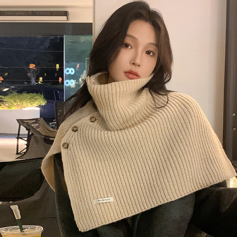 Scarf Collar Button Decoration Autumn Winter Sweater For Women