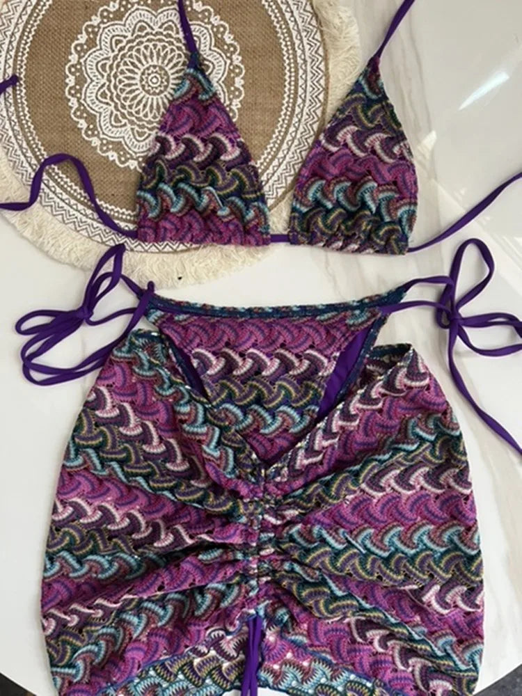 Womens Solid Knit Crochet Bikini Set Hollowed Out Two Piece Swimsuit Halter Beachwear Swimwear