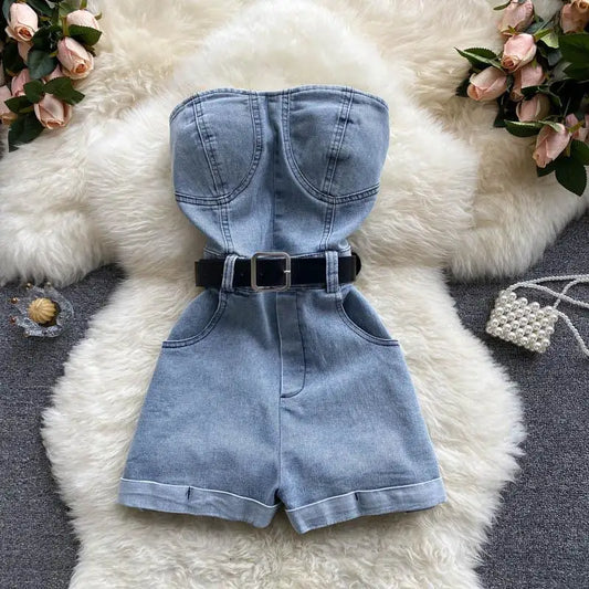 Off Shoulder Denim Romper for Women – Vintage Wide Leg Summer Jumpsuit 2026