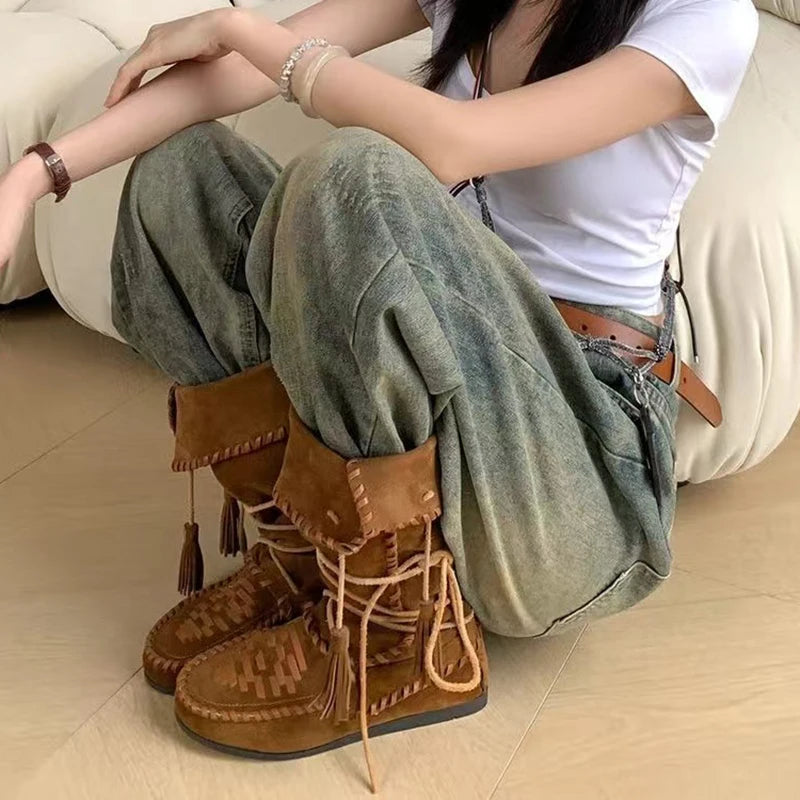 Faux Suede Fringe Tassel Mid Calf Knight Boots Casual Flat Heel Bohemian Cowboy Dress Booties For Women