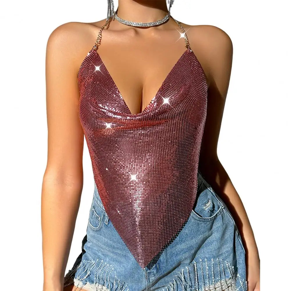 Chic Backless Metal Chain Halter Neck Crop Top