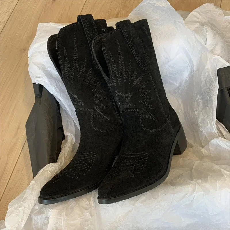 Handmade Leather Womens Boots With Natural Embroidery Pointed Toe Spike Heel Western Retro Style For Autumn Winter 2025