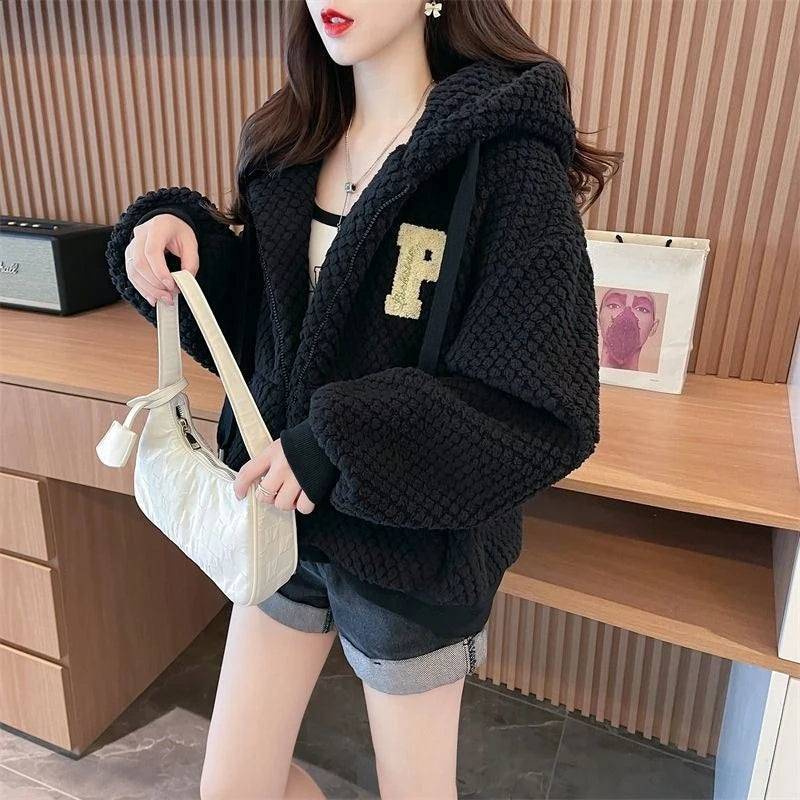 Embroidered Sheep Hooded Sweatshirt Autumn Winter Imitation Lamb Wool Plush Hoodie For Women