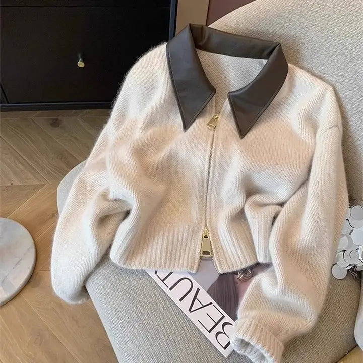 Spliced Leather Collar Knit Sweater Fashion Double Zipper Cardigan For Women Autumn Winter New Soft Vintage Long Sleeve Streetwear