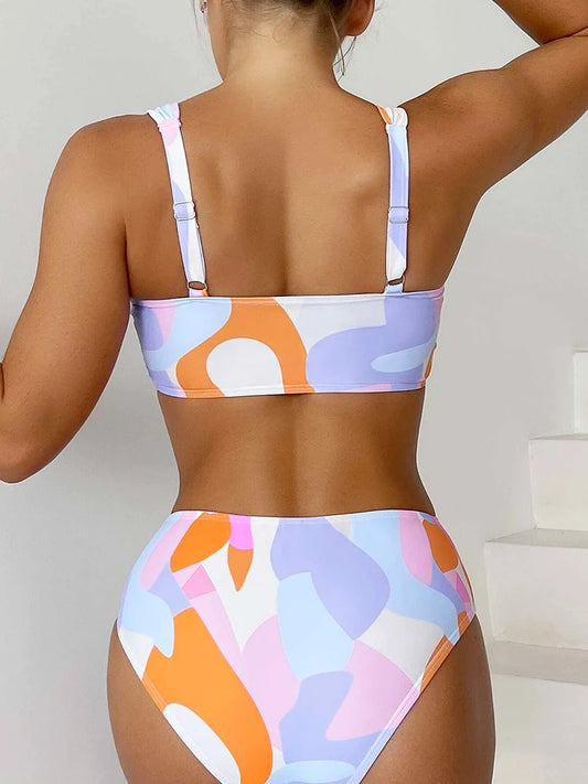 Pastel Abstract Retro Print High Waist Bikini Aesthetic