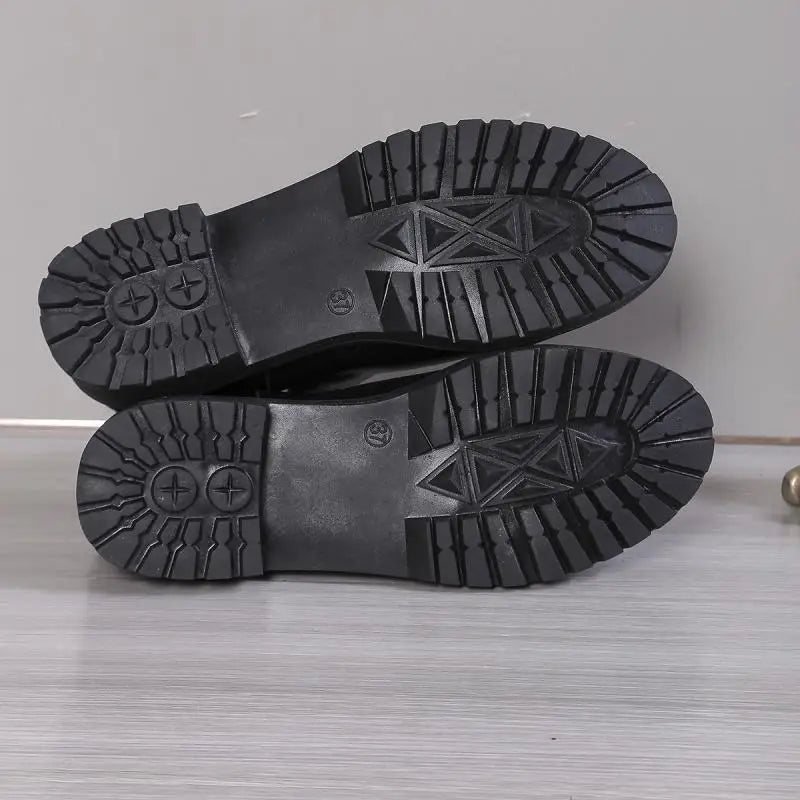 Women Cow Leather Round Toe Thick Sole Ankle Chelsea Boots