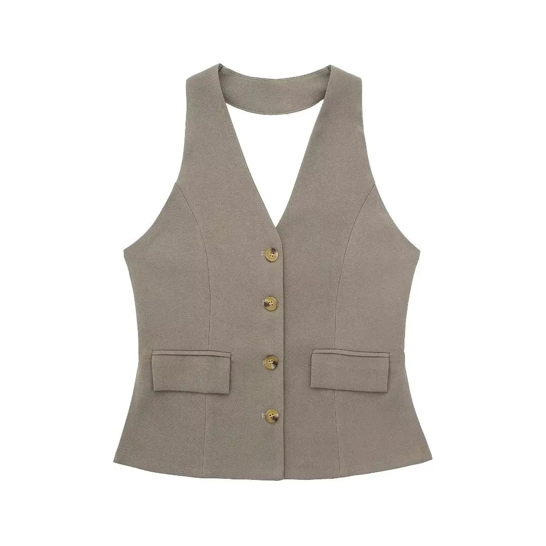 Women S Two Piece Colorblock Suit Halter Plunge Sleeveless Blazer Crop Top High Waist Wide Leg Pants Set