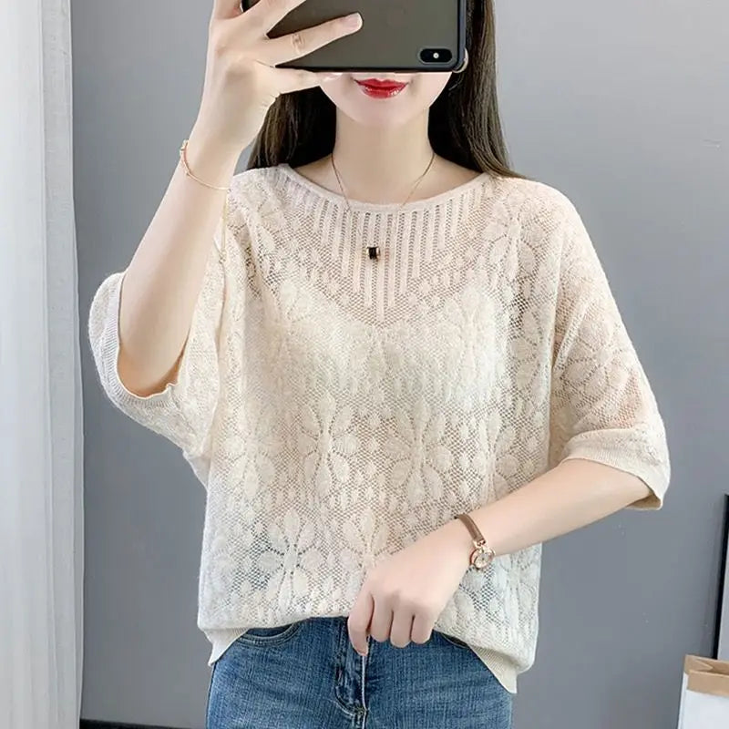 Elegant Knitted Hollow Out O Neck Sweater