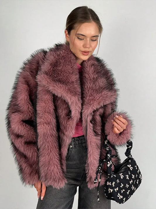 Elegant Womens Faux Fur Jacket Turn Down Collar Loose Fit Casual Long Sleeve Winter Coat For Warmth