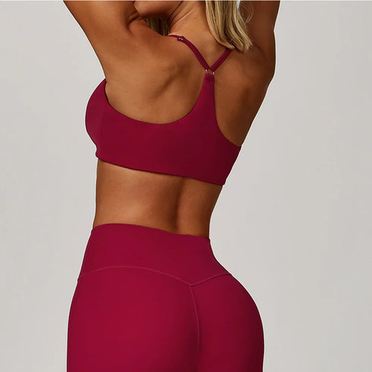 Womens Sports Yoga Vest Fitness Bra Shockproof No Buckle Running Bra With Cross Back Design