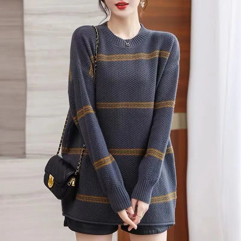 2025 Fashion Striped O Neck Sweater For Women Bell Sleeve Long Sleeve Loose Fit Knit Y2k Preppy Style For Autumn Winter