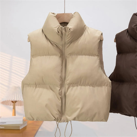 Fall Winter Womens Fashion Cropped Vest Coat Black Stand Collar Zipper Waistcoat Stylish Casual Outerwear For Ladies