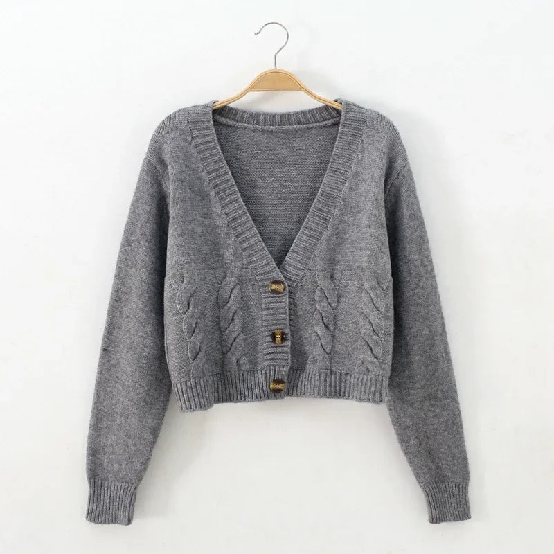 Street Womens Crop Coarse Twist Cardigan Loose V Neck Long Lantern Sleeve Solid Knitwear Sweater For Autumn Winter 2025