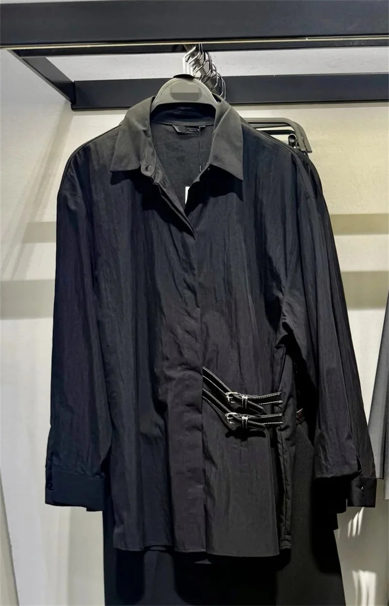 2025 Womens Loose Fit Long Sleeve Shirt Unique Niche Design Non Symmetric Black Top