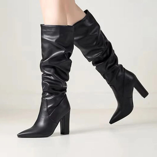 New Fashion Women Winter Knee Boots Chunky Heels Pointed Toe Pretty Green Party Shoes