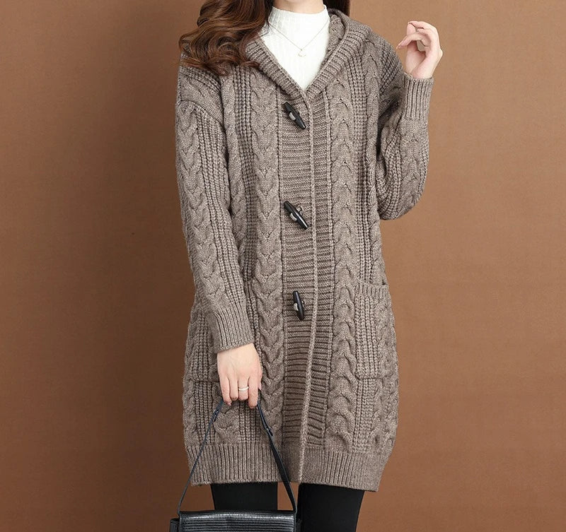 Womens Autumn Winter New Style Oversized Fried Dough Twist Sweater Cardigan Loose Fit Button Thick Knit Cardigan