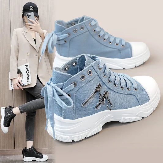Womens High Top Denim Sneakers Skull Metal Decor Vintage Casual Shoes