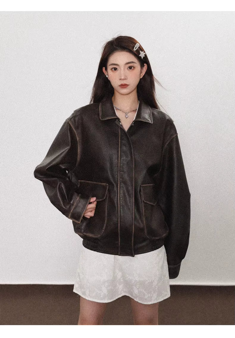 Vintage Brown PU Leather Jacket – Women’s Casual Outerwear