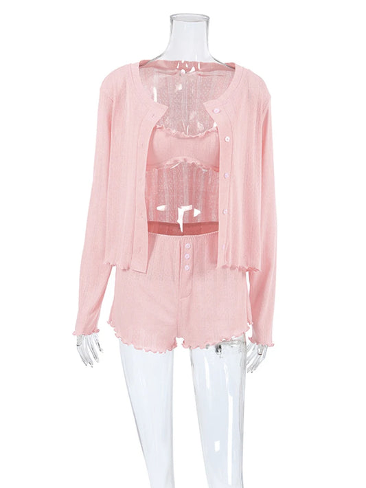 Womens 3 Piece Sleepwear Set O Neck Long Sleeve Nightie Tank Tops Shorts Pajamas For Cozy Nights