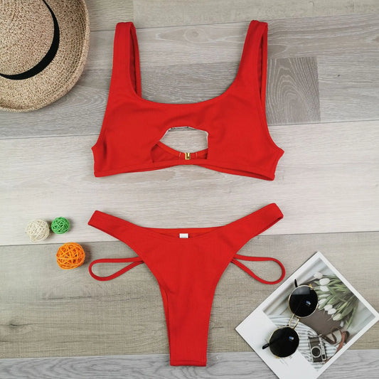 Red Ribbed Cut-Out Front Bikini Aesthetic