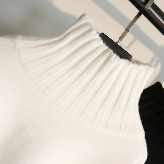 2025 Women S Turtleneck Knitted Sweater Solid Color Full Sleeve Thick Splice Jumper Casual Autumn Winter Pullover