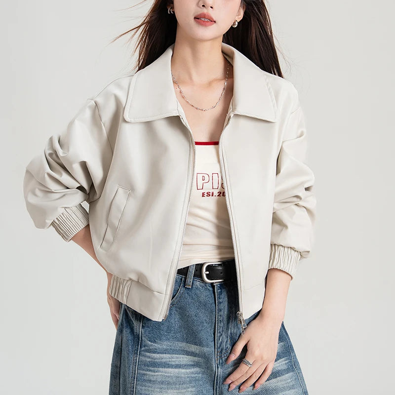 2025 Korean Black Leather Jacket For Women Winter Long Moto Biker Zipper Jacket Streetwear Harajuku Y2K Loose Fit Womens Coat