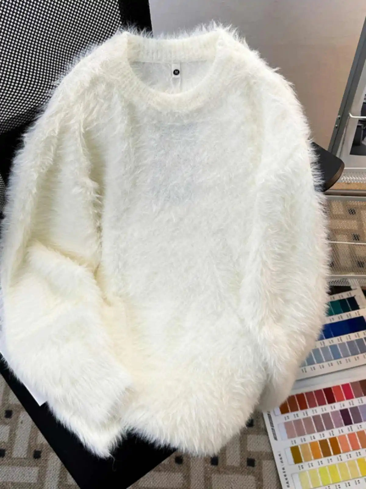 Women S Thickened O Neck Mohair Pullover Sweater New Winter Pure Color Loose Knitwear Long Sleeve Asymmetrical Knit Top