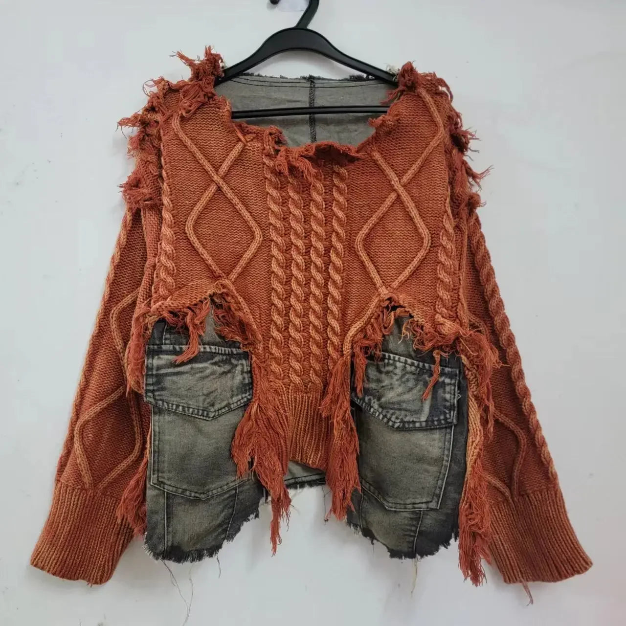 Womens Knitted Denim Patchwork Pullover Loose Casual Heart Sweater Vintage Streetwear Cozy Spring Autumn Fashion