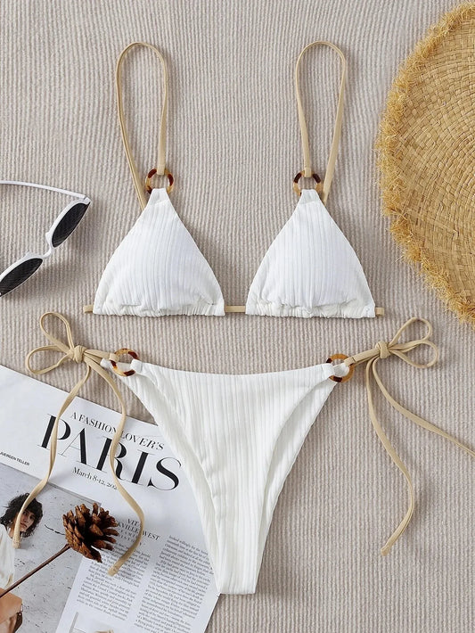 Muted Mauve Ribbed Tortoise Link Bikini Aesthetic
