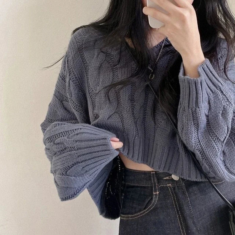 Korean Fashion Sequin Corset Sweater O Neck Solid Knit Pullover Casual Long Sleeve Short Top For Women