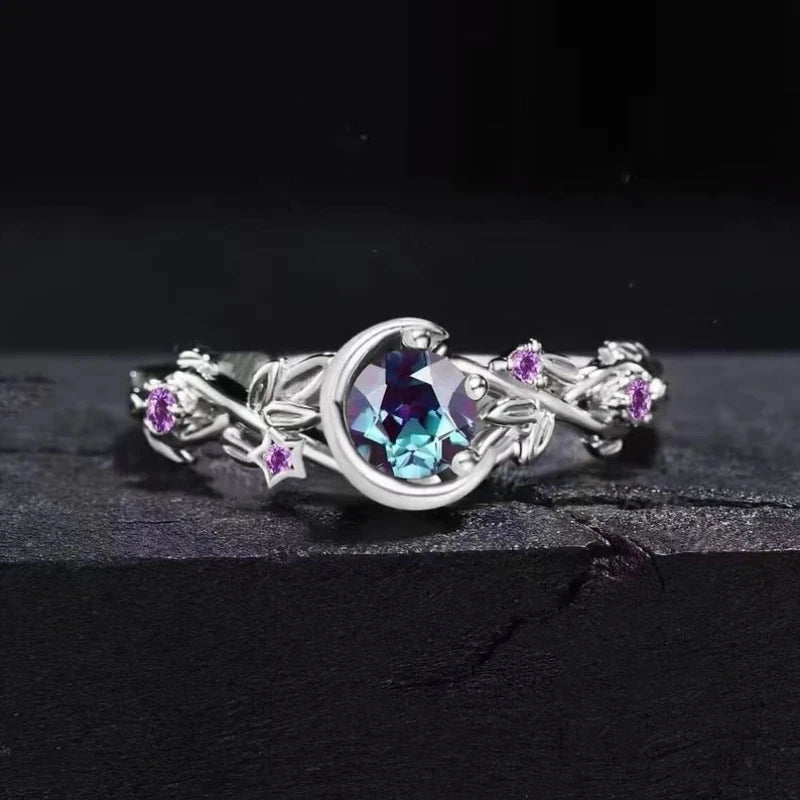 Celestial Moon & Star Ring – Silver-Plated Adjustable Zircon Statement Ring