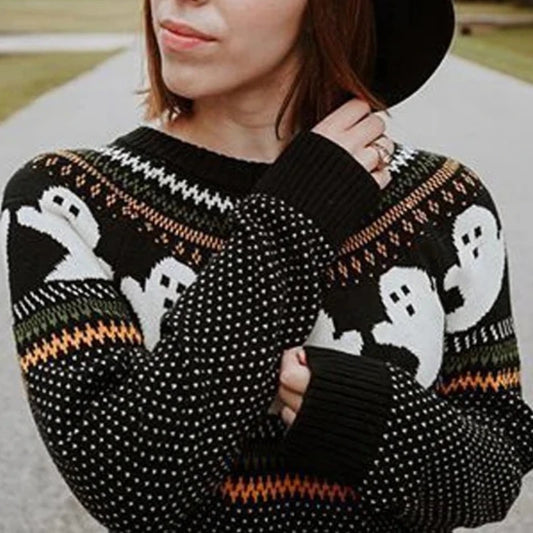 Spooky Season Vibe: Halloween Ghost Fair Isle Knit Sweater