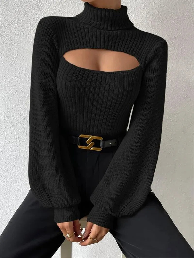 Hollow Out Turtleneck Sweater – Women’s Loose Boho Knit