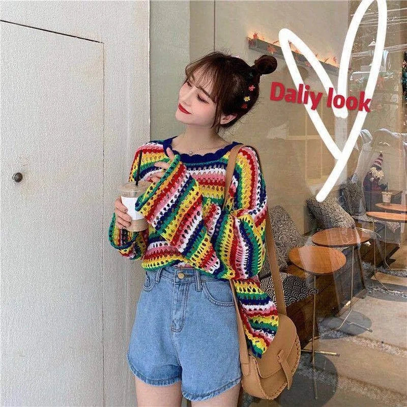 Women Rainbow Colorful Stripe Sweaters