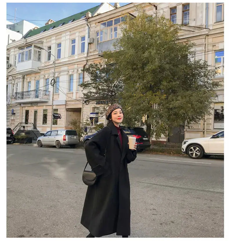 Elegant Black Wool Blend Coat for Women – 2025 Korean Style Thick Long Winter Overcoat