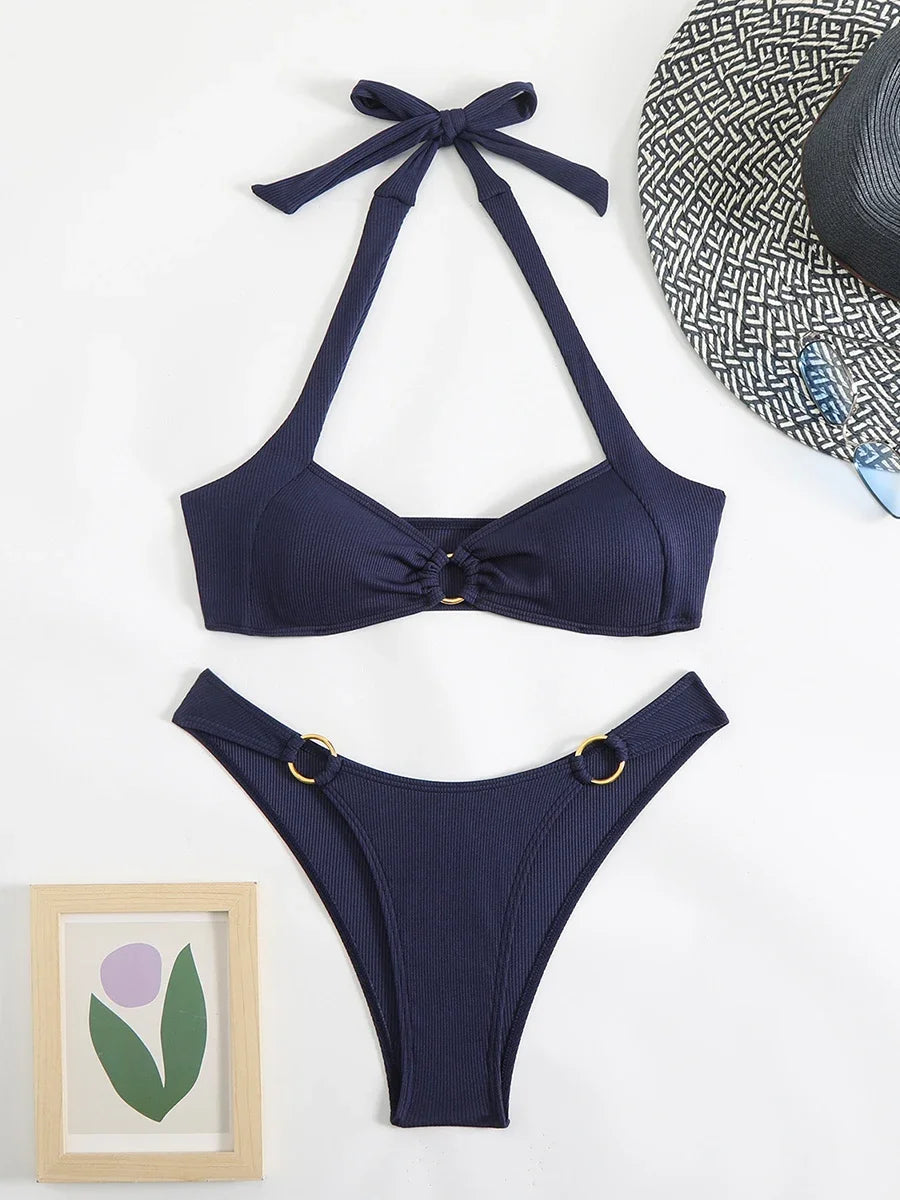 Chocolate Brown Ribbed Gold Ring Detail Halter Bikini Aesthetic
