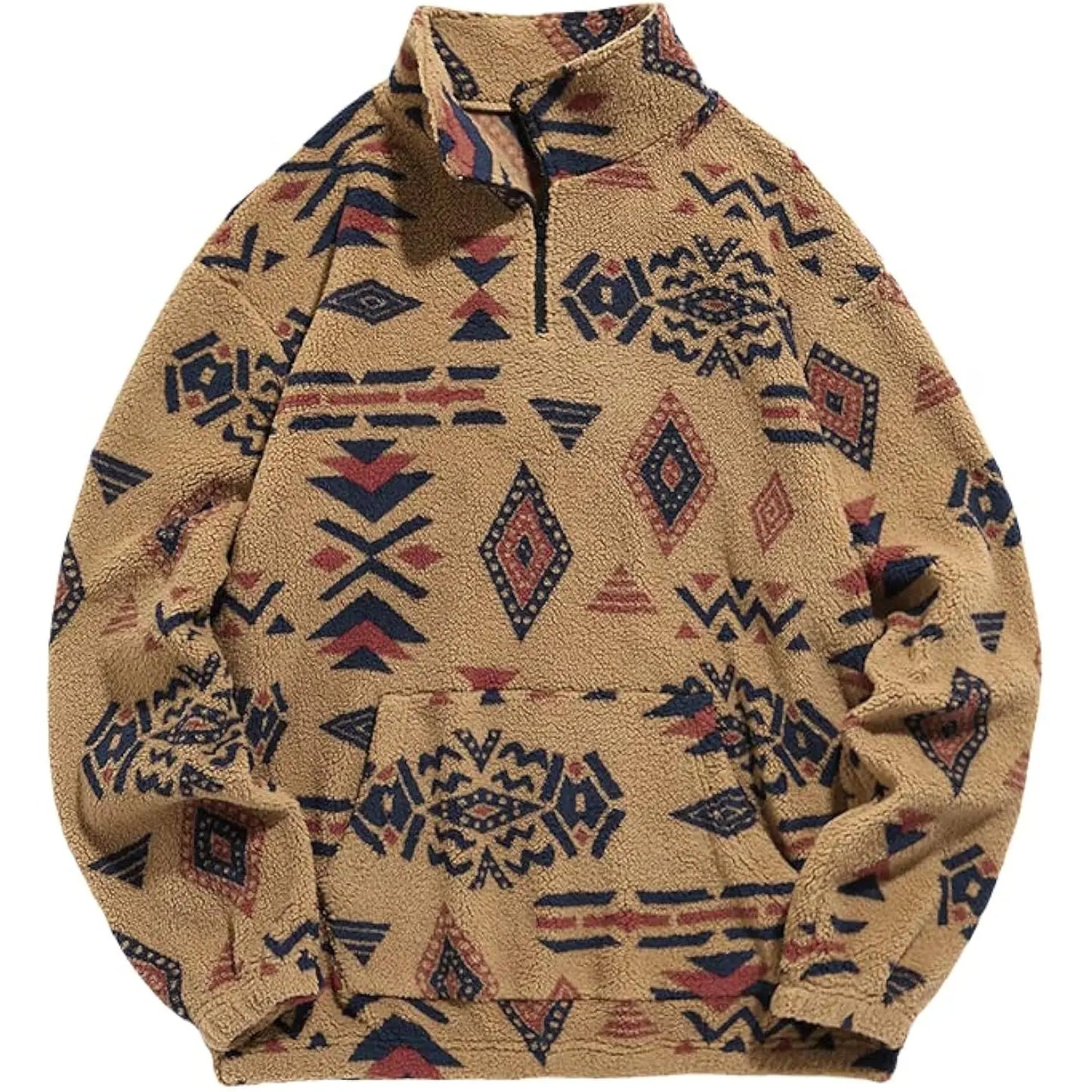 Mens Sherpa Zipper Hoodie Fuzzy Ethnic Print Streetwear Style For Fall Winter