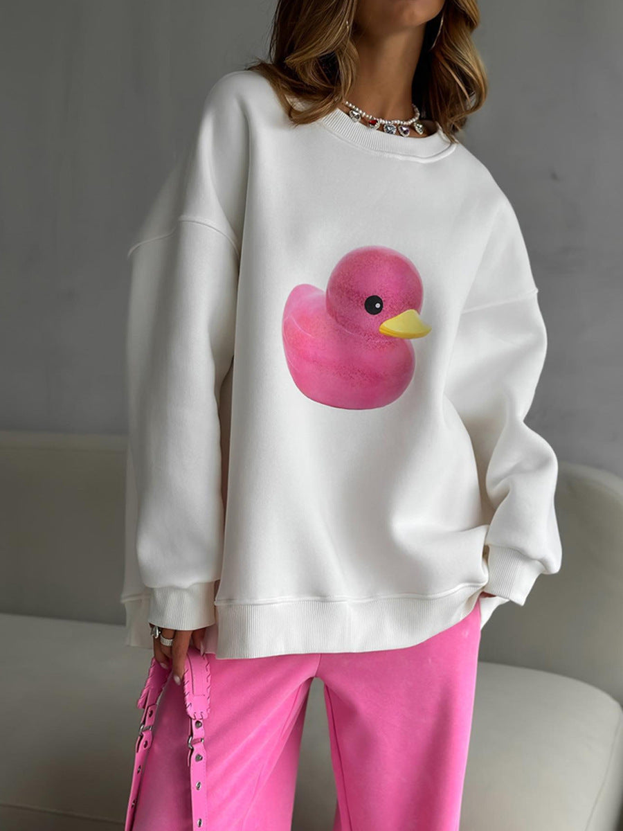 Cute Duck Print Sweater for Women – Loose Cotton Pullover, Cozy Autumn & Winter Outfit