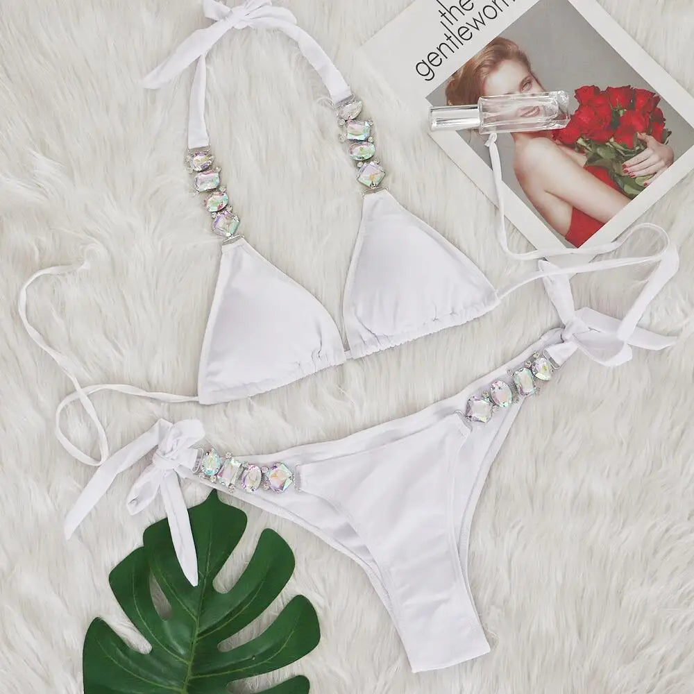 Rhinestones Design Solid Color Women Sexy Bikinis