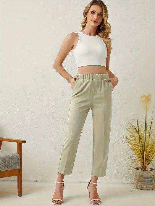 Elegant High Waisted Beige Trousers Stylish Office Fashion