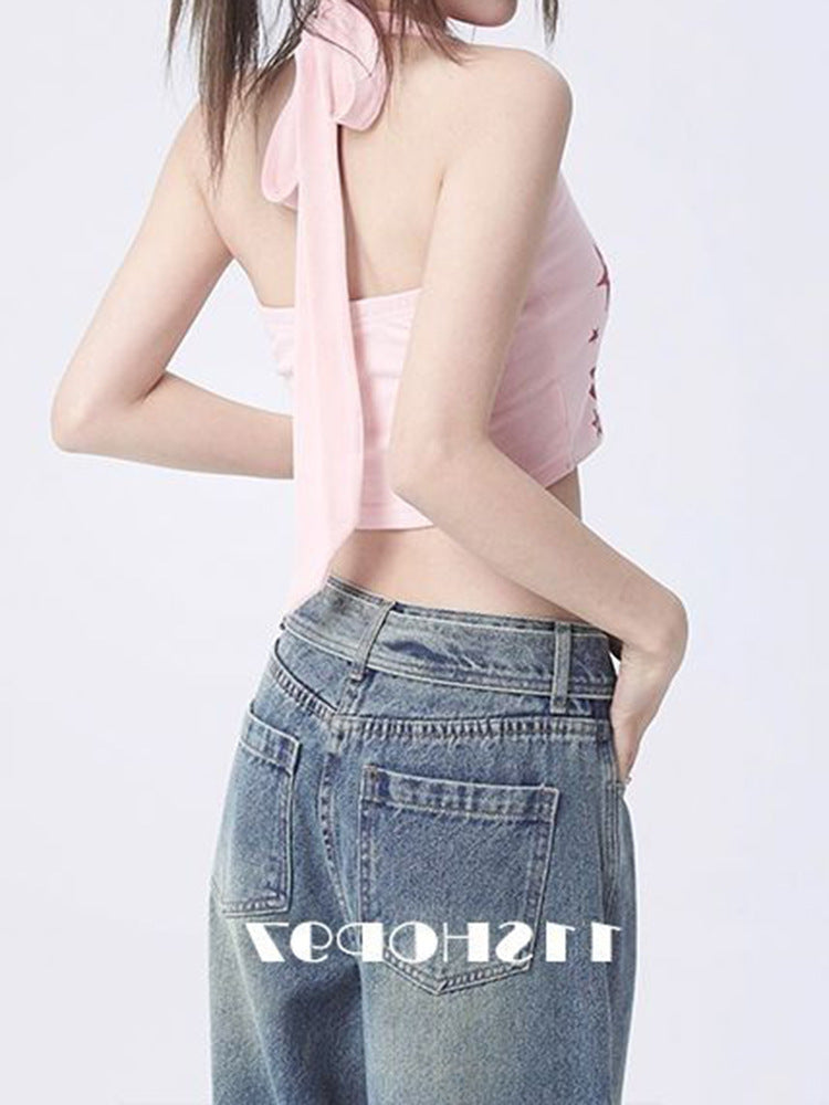 Pink Cartoon Halterneck Vest for Women – Kawaii Summer Crop Top Outfit