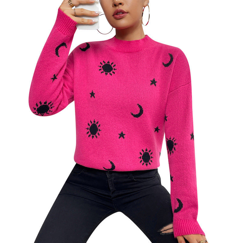 Jacquard Crewneck Skull Halloween Pullover Sweater for Women