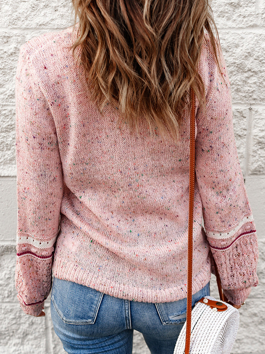 Chic Pink Hollow-Out Knit Pullover – Long Sleeve Urban Sweater for Women