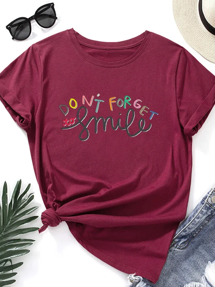 Don’t Forget Smile Graphic Tee – Women’s Casual Polyester T-Shirt, Street Style Outfit