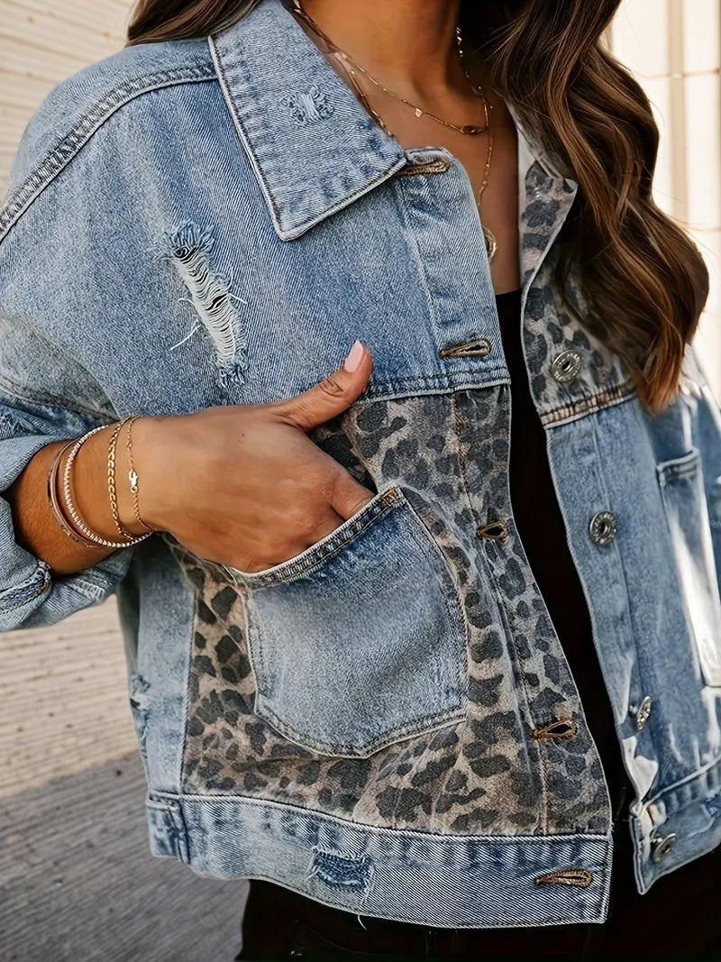 Creative Leopard Cover Pack Style Blue Denim Jacket For Women
