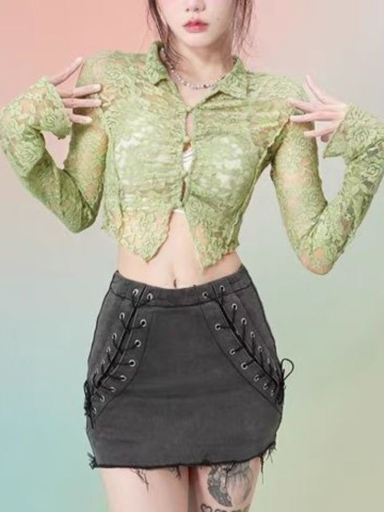 Short Long-Sleeved Shirt Top for Women – Chic Cropped Green Outfit