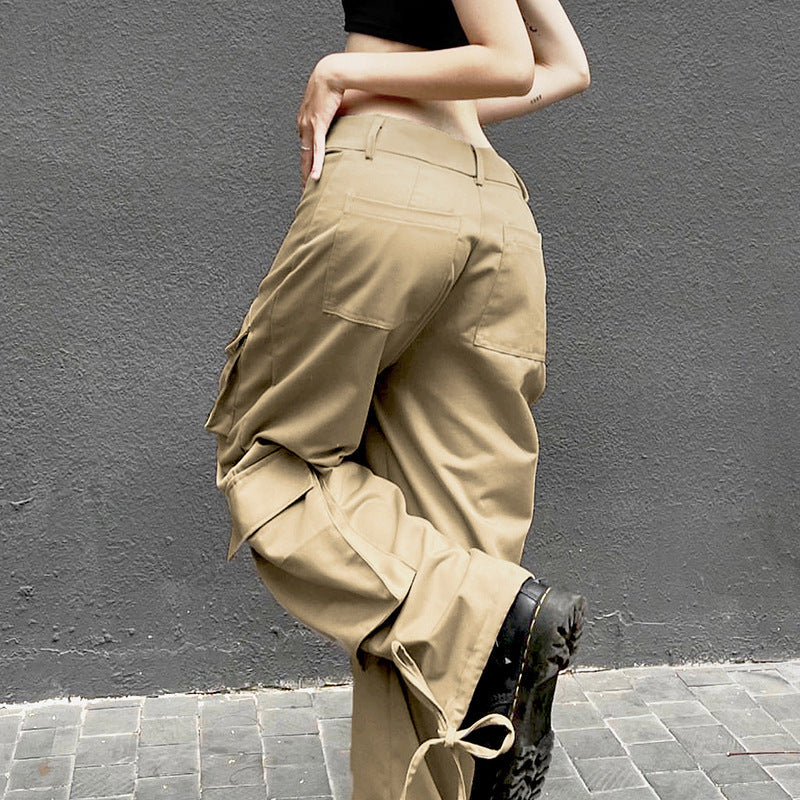 High Waist Cargo Pants Solid Color With Pocket And Button Details