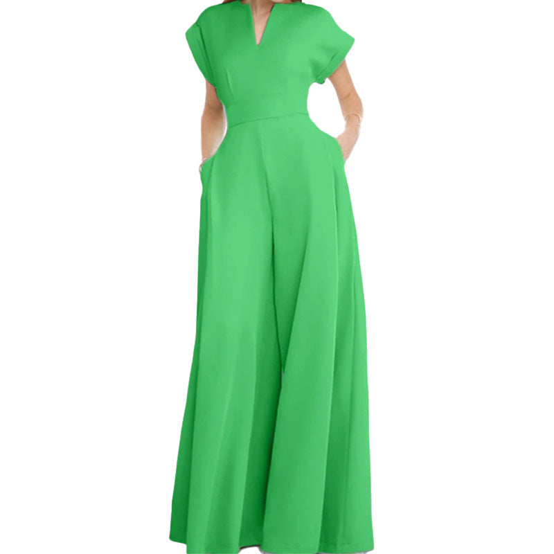 Spring New Womens Long Jumpsuit Elegant V Neck High Waist Belt Straight Wide Leg Casual Holiday Style Jumpsuit