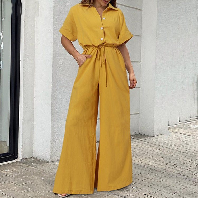 Vintage Refinement: Tailored Single-Breasted Wide-Leg Jumpsuit